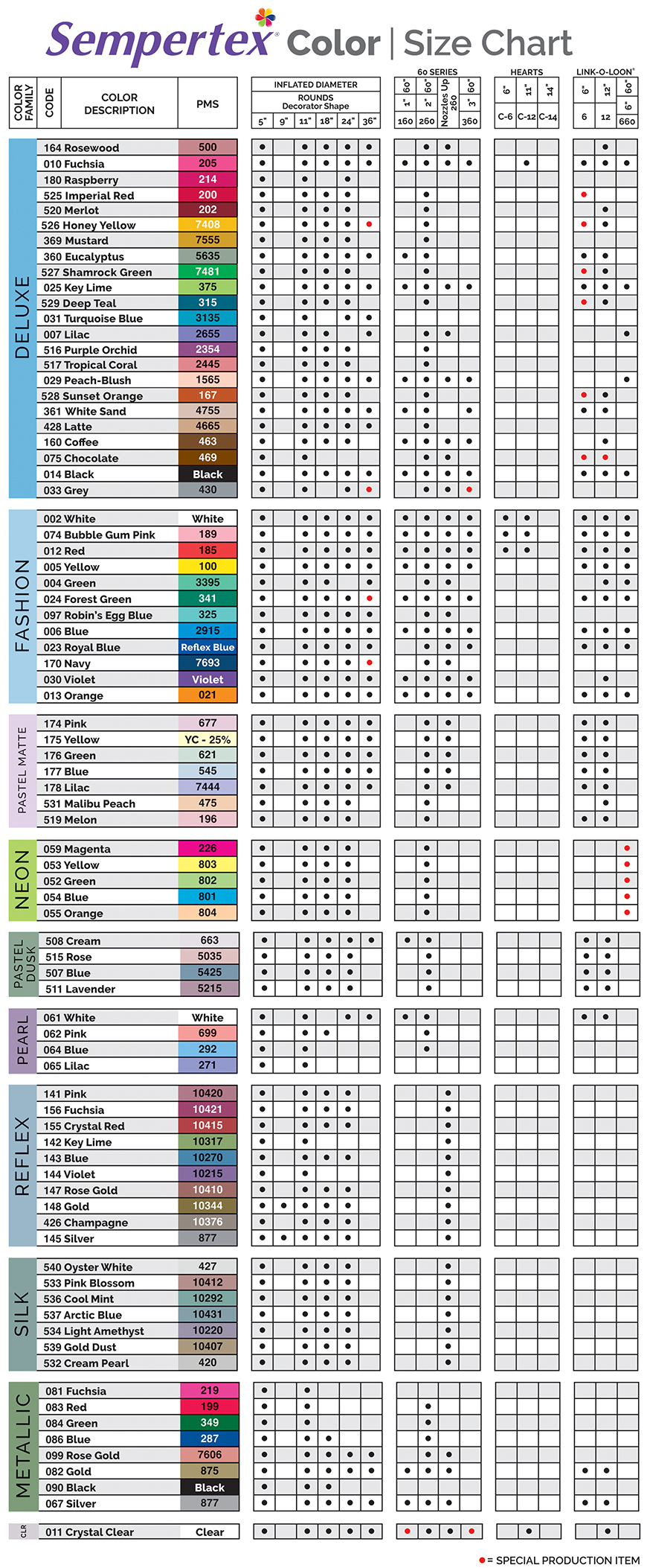 Latex Color/Size Chart